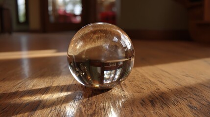 Obraz premium Transparent crystal sphere reflection on wooden surface in natural light