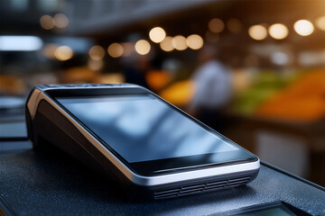 Smartphone with payment terminal on counter in store, concept of contactless technology and modern commerce.