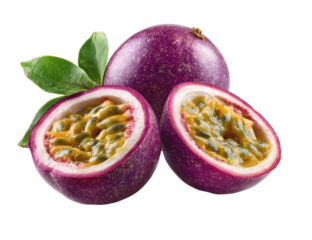 Fresh passion fruit, whole and halved, vibrant purple skin, juicy yellow interior with seeds