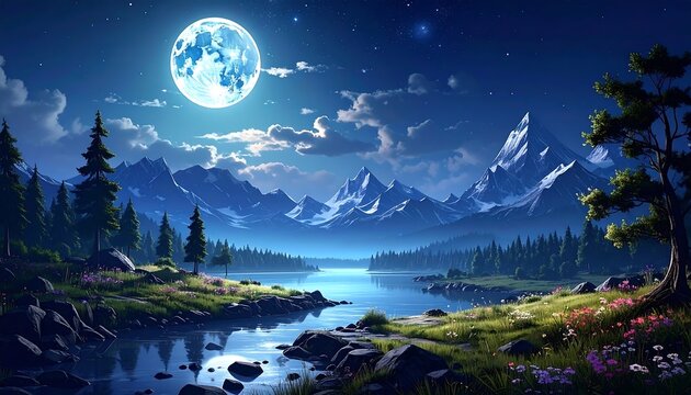 A serene landscape bathed in moonlight, featuring a reflective lake, majestic mountains, and lush forest under a starry night sky