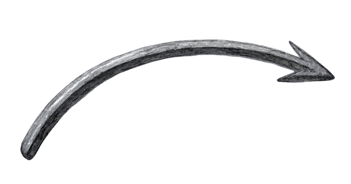 A textured, grayscale curved arrow points to the right