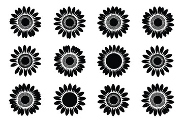 Vector art of set of twelve sunflower silhouettes for design
