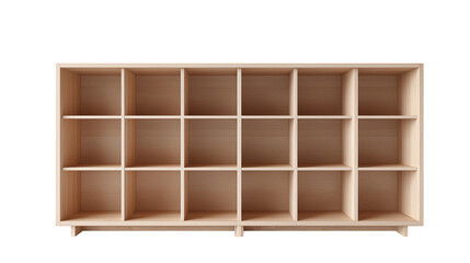 Modern wooden shelving unit with multiple compartments for organized storage in a bright interior space Generative AI