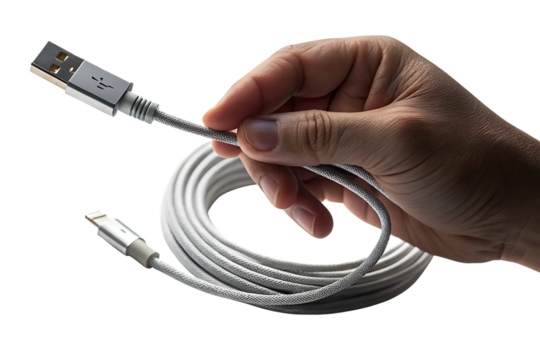 white braided U S B to Lightning charging cable, cutout, PNG isolated on a white or transparent background, AI
