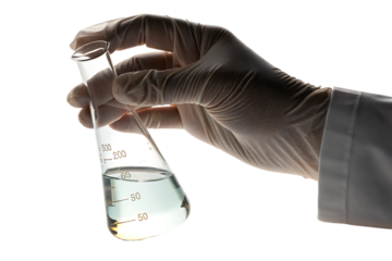 laboratory flask with clear liquid, cutout, PNG isolated on a white or transparent background, AI