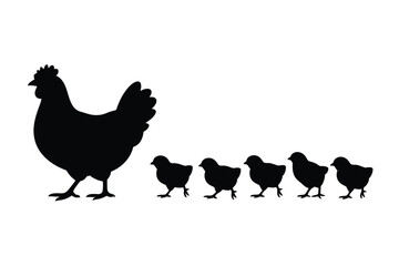 Vector art of silhouette of a hen and chicks in various poses