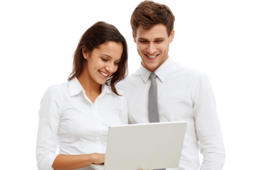 Two professionals smile while reviewing a project on a laptop in a bright, modern office setting during the daytime Generative AI