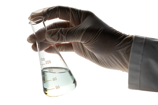 laboratory flask with clear liquid, cutout, PNG isolated on a white or transparent background, AI