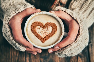 Warm hands hold a cup of coffee with a heart shape on top for a cozy moment.