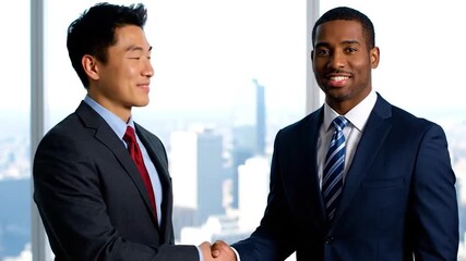 Dynamic handshake between two successful businessmen in modern office setting showcasing collaboration and global partnership opportunities for corporate growth - Powered by Adobe