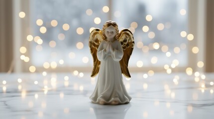 Ceramic angel figurine with golden wings on marble table at Christmas