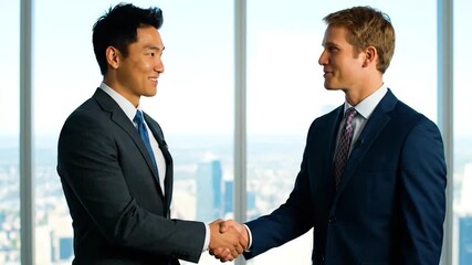 Dynamic professional handshake between two diverse businessmen in modern office setting shows trust and collaboration for partnerships and successful deals - Powered by Adobe
