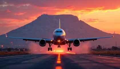 Naklejka premium Airplane approaches for landing on runway at sunset. Mountain silhouette in background. Dramatic orange clouds fill the sky. Lights mark the tarmac.