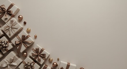 New Year a collection of wrapped gifts with ribbons and christmas ornaments arranged on a neutral background