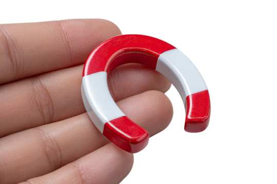 A hand holds a horseshoe magnet.  Red and white colors