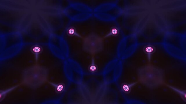 Abstract kaleidoscope mandala neon acid background of moving hexagonal grid patterns, pulsating symmetry, endless futuristic motion textures with glowing geometry
