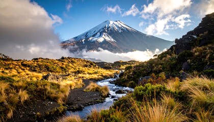 A stunning landscape shows a snow-capped mountain rising above clouds, reflected in a stream flowing through colorful vegetation