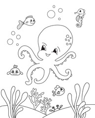 Coloring book page for small children under the see. Octopus playing catch with small fishes. Kawaii style. 
