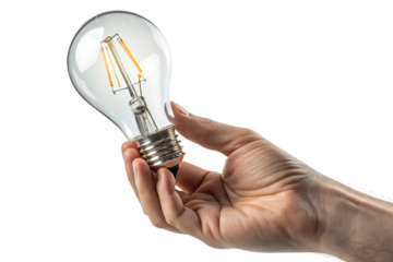 clear L E D filament light bulb on black background, cutout, PNG isolated on a white or transparent background, AI