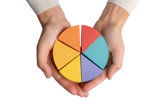 Hands holding a colorful pie chart made of foam in a neutral setting during daytime Generative AI