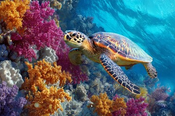 Fototapeta premium A green sea turtle glides gracefully through crystal clear waters surrounded by colorful coral reefs. This serene underwater scene captures the beauty of marine life