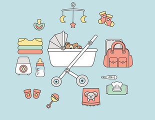 Simple flat design baby , newborn baby items, pushchair, bag, toys, pacifier, clothes. Icon style.
