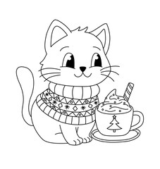 Coloring book page. Cute cat in  winter jumper drinking hot coca. Kinder garden coloring book
