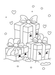Coloring book page Christmas presents with eyes. Kawaii style, simple, kindergarten coloring book
