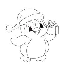 Coloring book page, little penguin in Santa hat holding a present. Kawaii style. Cute and adorable.
