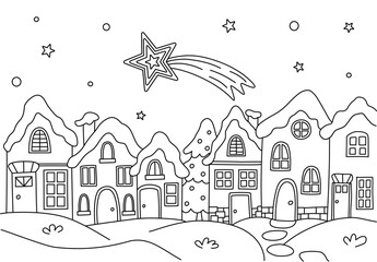 Coloring book page, line art of simple winter Christamas village covered in snow
