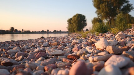 Scenic riverbank with colorful pebbles at sunset