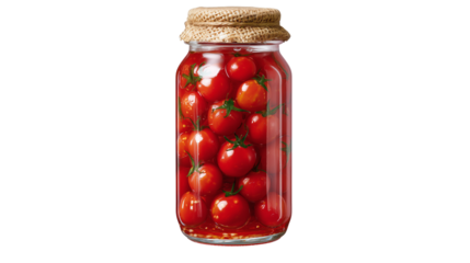 Fresh cherry tomatoes preserved in a glass jar with natural ingredients and rustic lid for homemade recipes Generative AI