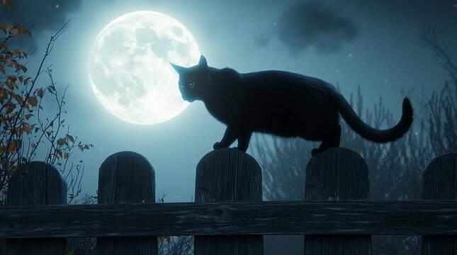 A cat walks around gravestones in the middle of the night, full moon in the sky. Halloween season.