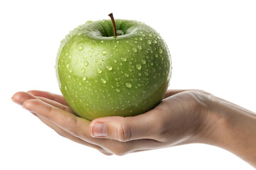 Hand holding a wet green apple, cutout, PNG isolated on a white or transparent background, AI