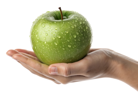 Hand holding a wet green apple, cutout, PNG isolated on a white or transparent background, AI