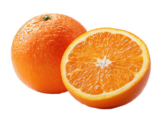 Fresh orange fruit, whole and halved