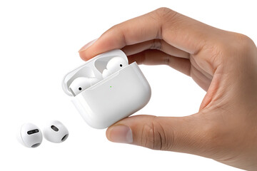 Hand holding white wireless earbuds case with earbuds nearby, cutout, PNG isolated on a white or transparent background, AI