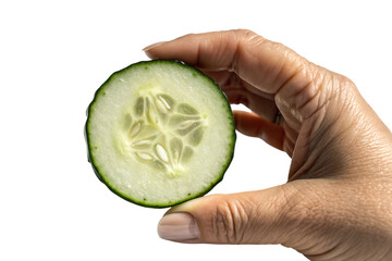 Hand holding sliced cucumber, cutout, PNG isolated on a white or transparent background, AI