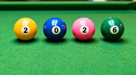 New Year 2026 Greeting with Pool and Billiard Balls on a Green Felt Table