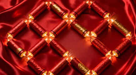 Luxurious Diwali Decoration: A Geometric Pattern of Glowing Firecrackers on Red Silk