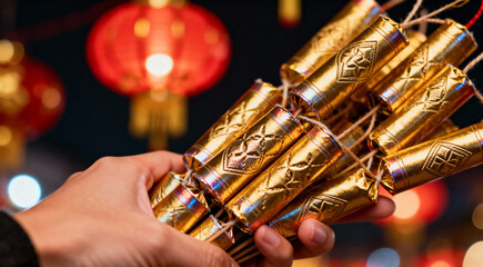Hand Holding a Bundle of Golden Firecrackers for a Chinese New Year Celebration with Red Lanterns