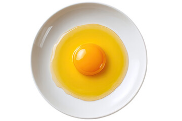 A single, fresh egg yolk sits centered on a shallow white plate, its vibrant orange hue reflecting light.  The yolk is surrounded by a thin film of egg white, creating a ring around it
