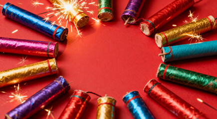 Happy Diwali Festival Background with a Circle of Colorful Firecrackers and Sparks