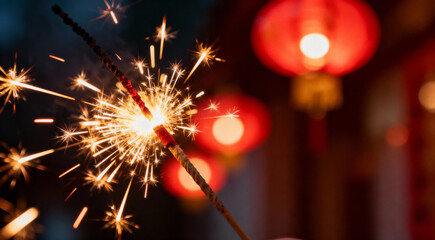  Burning Sparkler for a Chinese New Year Celebration with Red Lanterns