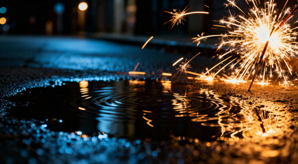 Sparkler Reflecting in a Puddle on a Wet City Street during a Diwali Night Celebration