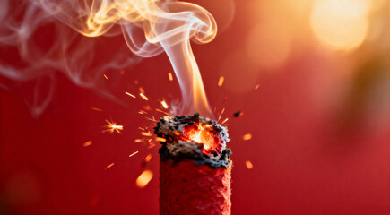Macro of a Smoldering Red Firecracker with Smoke and Sparks for Diwali