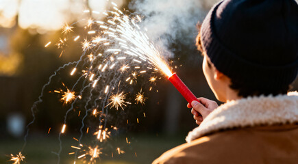 Person Holding a Red Handheld Firework during a Golden Hour Celebration