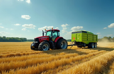 Fototapeta premium Tractor with hay baler in field. Farmer drives red tractor with green baler. Machine makes hay bales on farm. Agricultural work in progress. Rural landscape with trees and blue sky.