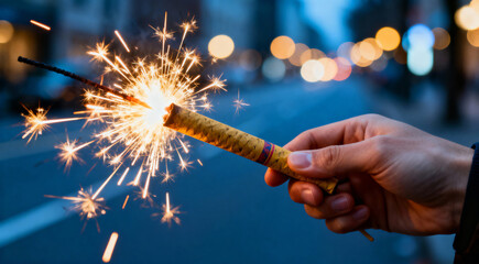  Hand Holding a Burning Handheld Firework for a Diwali Celebration on a City Street