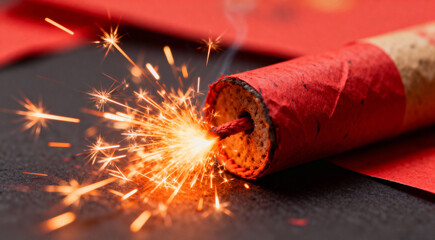  Close-up of a Lit Red Firecracker Fuse with Sparks for a Diwali Celebration